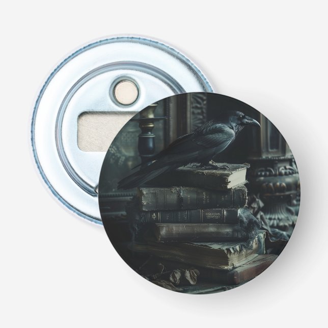 Abrebotellas Libros viejos y oscuros con cuervo (Anverso)