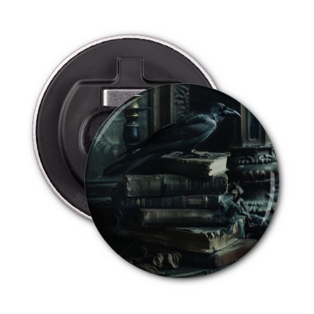 Abrebotellas Libros viejos y oscuros con raven (Anverso)