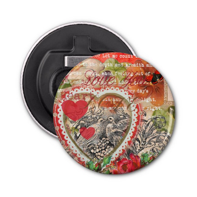 Abrebotellas Love Birds Heart Red Art Collage (Anverso)