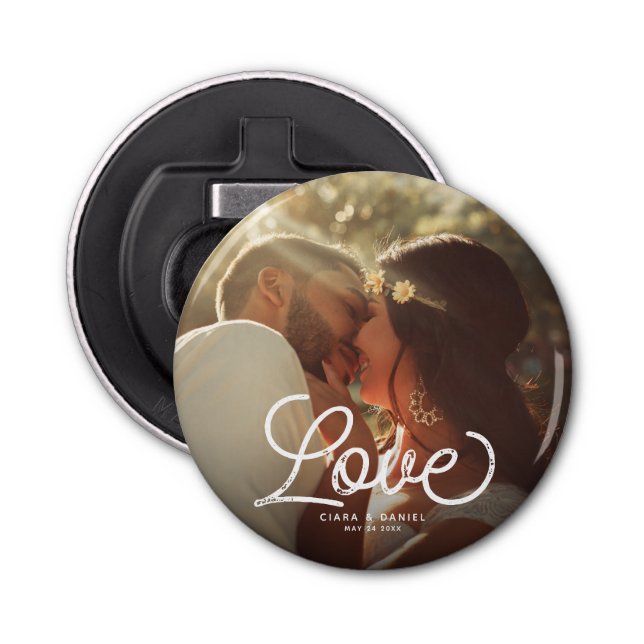 Abrebotellas LOVE Modern Calligraphy Boda de fotografía simple (Anverso)