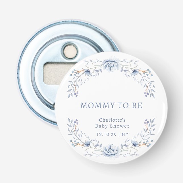 Abrebotellas Mamá para ser Baby Shower floral azul invernal (Anverso)