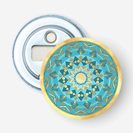 Abrebotellas Mandala azul dorado sobre fondo de oro suave