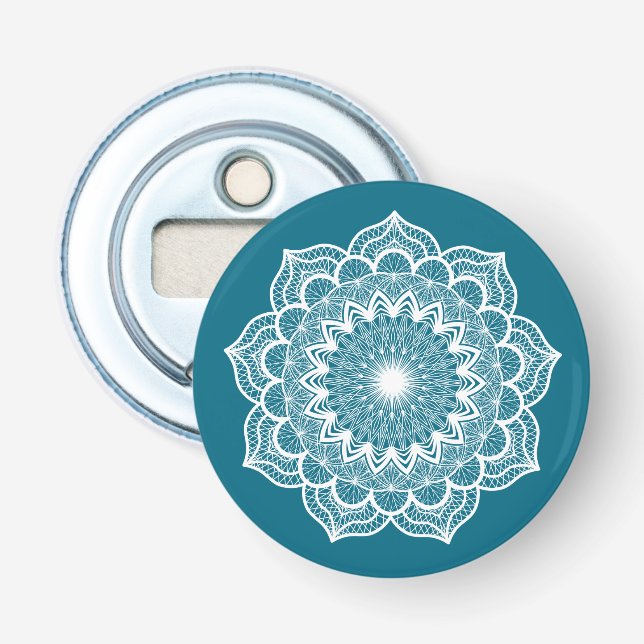 Abrebotellas Mandala Blanco sobre Fondo Azul (Anverso)