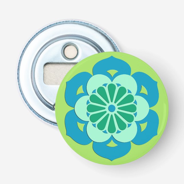 Abrebotellas Mandala de flores de Lotus, verde limón y azul cla (Anverso)