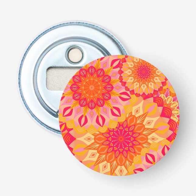 Abrebotellas Mandalas superpuestos naranja rosa amarillo (Anverso)