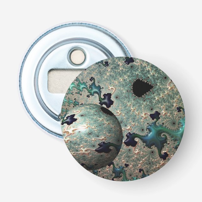 Abrebotellas Mandelbrot de Esmeralda y Oro con Esfera (Anverso)