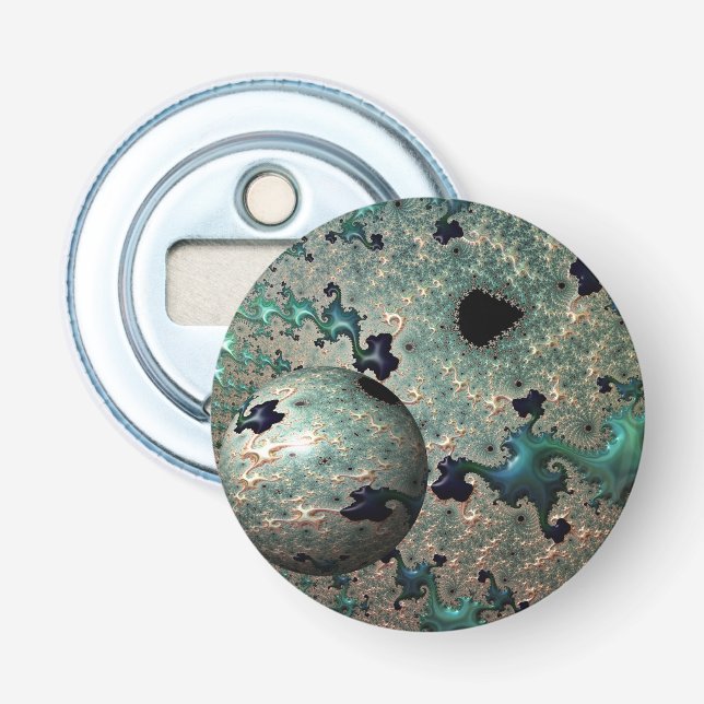 Abrebotellas Mandelbrot de Esmeralda y Oro con Esfera (Anverso)