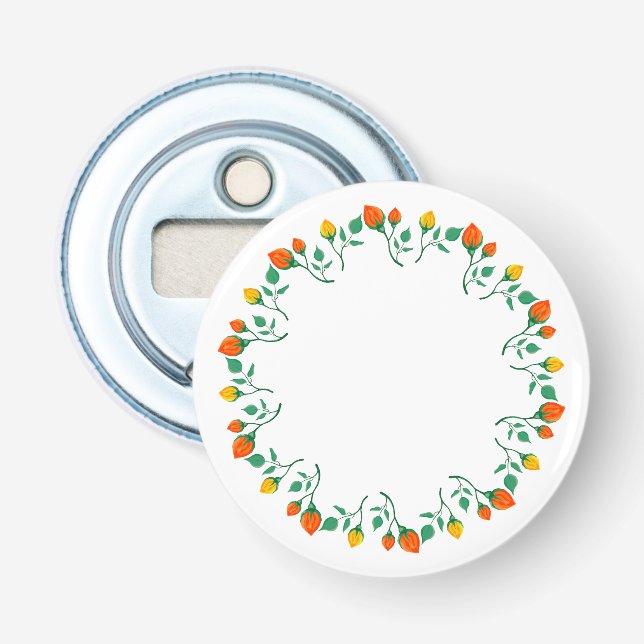 Abrebotellas Marco redondo floral con flor rosa amarilla y roja (Anverso)