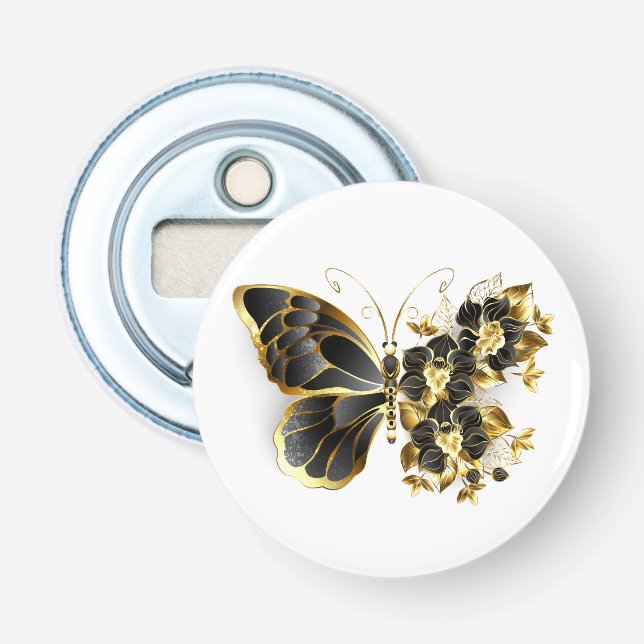 Abrebotellas Mariposa de flor de oro con orquídea negra (Anverso)