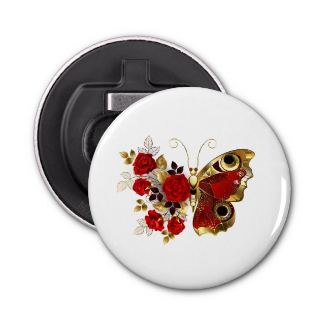 Abrebotellas Mariposa de flor roja con rosas rojas (Anverso)