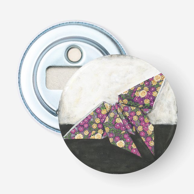 Abrebotellas Mariposa de origami sobre papel floral (Anverso)