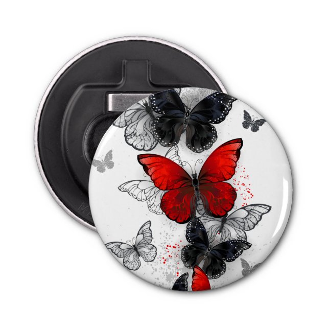 Abrebotellas Mariposas Morpho voladoras negras y rojas (Anverso)