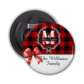 Abrebotellas Merry Christmas Monogram Wreath Buffalo Plaid