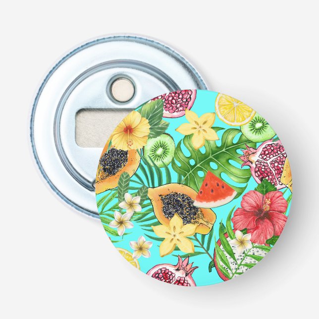 Abrebotellas Mezcla tropical, flores y hojas en azul (Anverso)