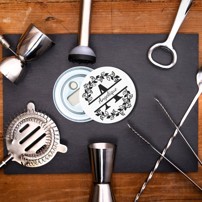 Abrebotellas Modern Black Floral Wreath Split Monogram "A" (Subido por el creador)