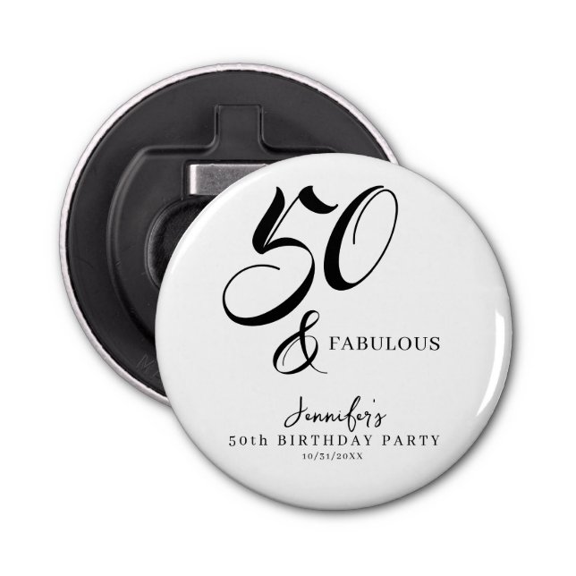 Abrebotellas Modern Elegant Black White Fifty Fabulous Birthday (Anverso)