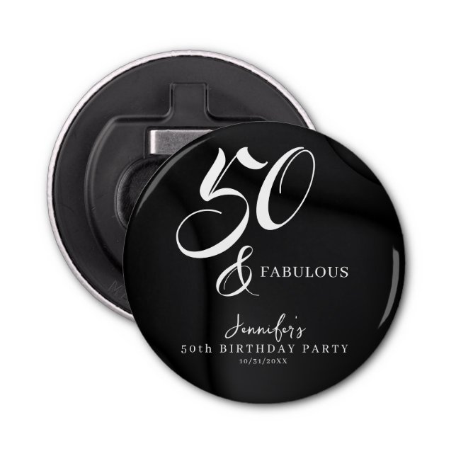 Abrebotellas Modern Elegant Black White Fifty Fabulous Birthday (Anverso)
