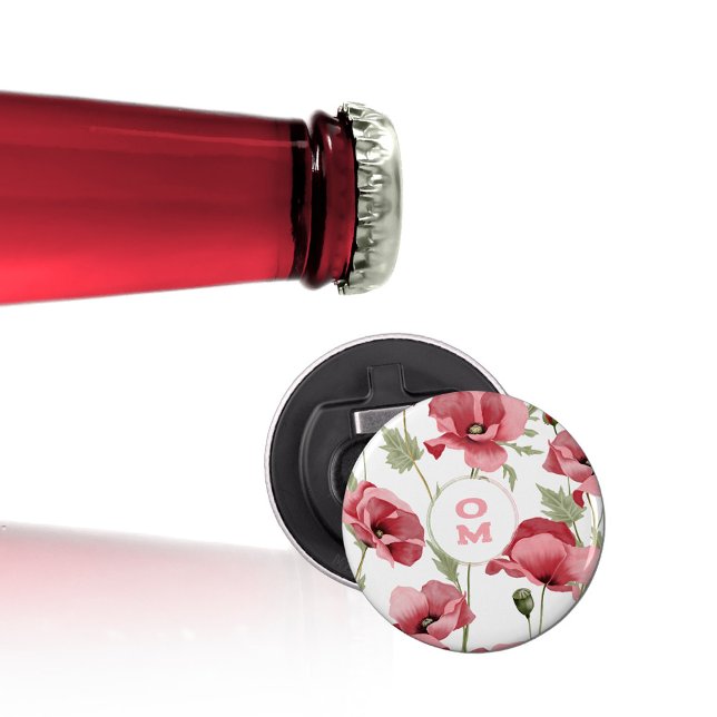 Abrebotellas Monograma de flor silvestre rosa grande amapola (Romantic Wildflower Monogram Pink Large Poppy Bottle Opener ©Susanne Sachers - Sunny Mind Design 🌞)