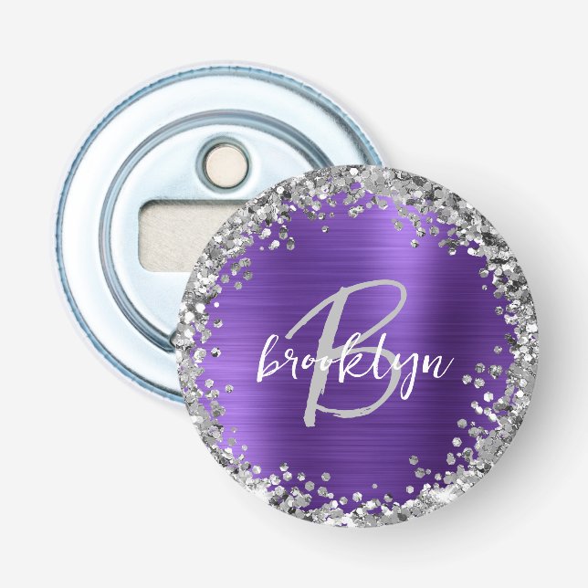 Abrebotellas Monograma de Metal Cepillado Morado con Brillo Pla (Anverso)