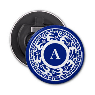 Abrebotellas Monograma de Moda Chinoiserie azul personalizado