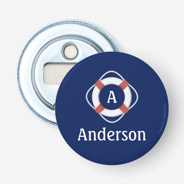 Abrebotellas Monograma de Navy Blue Nautical Lifesaver (Anverso)