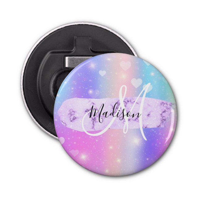 Abrebotellas Monograma del corazón del arcoiris de Unicornio de (Anverso)