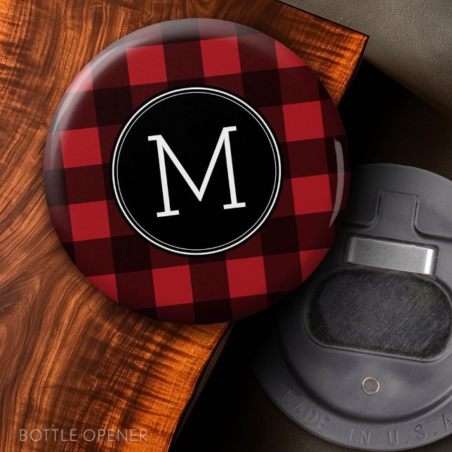 Abrebotellas Monograma del patrón de patrón de búfalo rojo y ne (Button Bottle Opener)