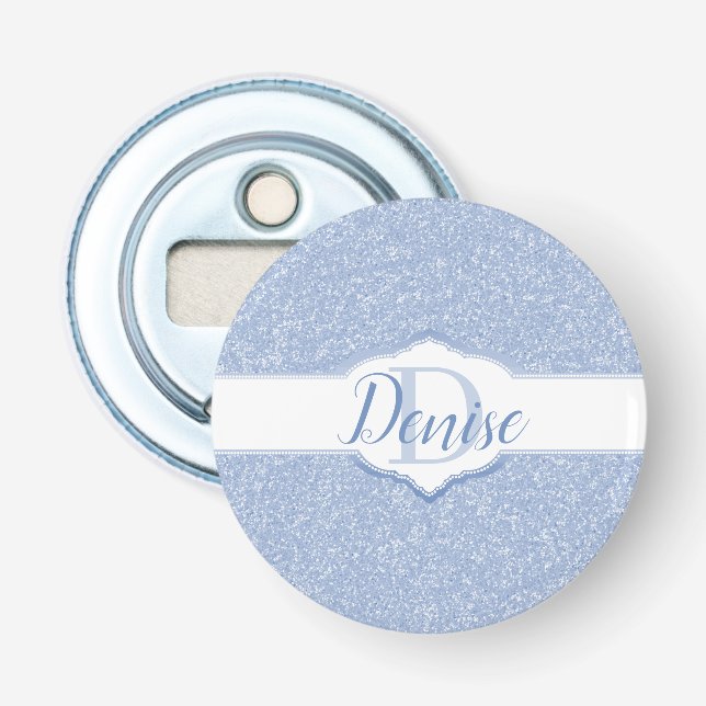 Abrebotellas Monograma del Purpurina azul cielo (Anverso)