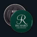 Abrebotellas Monograma y nombre del Groomsman personalizado<br><div class="desc">Elegante Regalos Groomsman personalizados con un monograma personalizado en un estilo de letra blanco elegante con el nombre y el título de un groomsman en estilo clásico de letra serif sobre fondo verde esmeralda. También perfecto para el mejor hombre, padre de la novia, dama de honor, chica de flores, madre...</div>