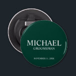 Abrebotellas Monograma y nombre del Groomsman personalizado<br><div class="desc">Regalos Groomsman Personalizados Modernos con el nombre,  título y fecha boda personalizados del groomsman en estilo serif clásico blanco sobre fondo verde esmeralda. También perfecto para el Mejor Hombre,  Padre de la Novia y más.</div>