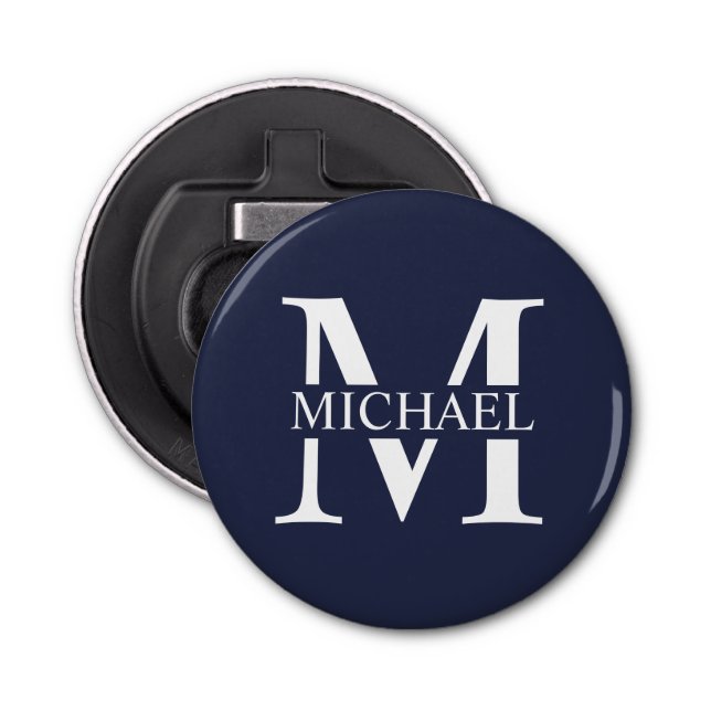 Abrebotellas Monograma y nombre personalizados del azul marino (Anverso)