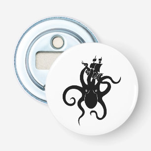 Abrebotellas Monstruo marino: Kraken blanco y negro con barco