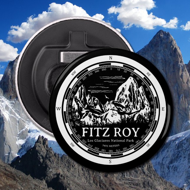 Abrebotellas Monte Fitz Roy - Cerro Chaltén Sudamérica (Mount Fitz Roy Bottlel Opener in Back with a white compass and mountain illustration)