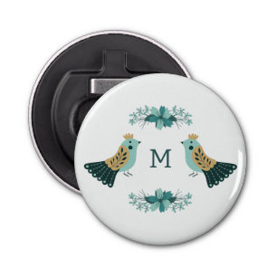 Abrebotellas Motif folclórico escandinavo con aves y flores