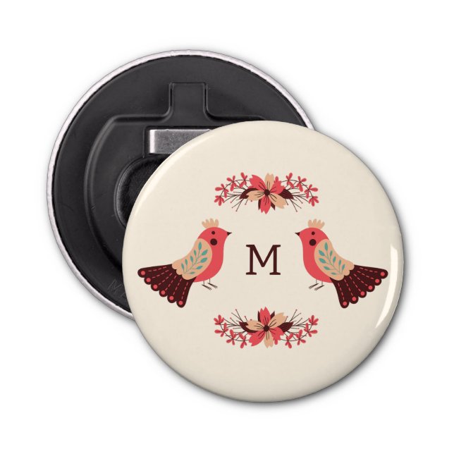 Abrebotellas Motif folclórico escandinavo con aves y flores (Anverso)