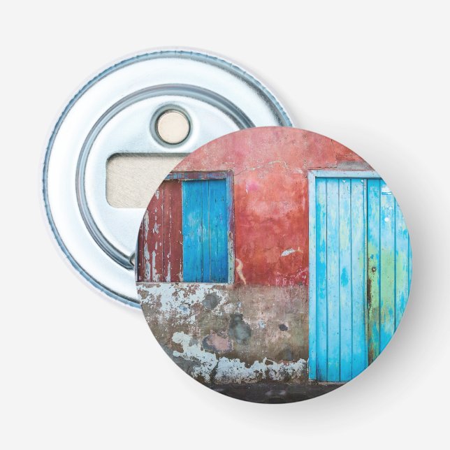 Abrebotellas Muro rojo, azul y gris, puerta y ventana (Anverso)