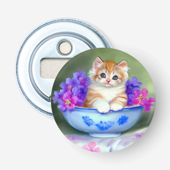 Abrebotellas Naranja de época y Ilustracion de gatito blanco (Anverso)