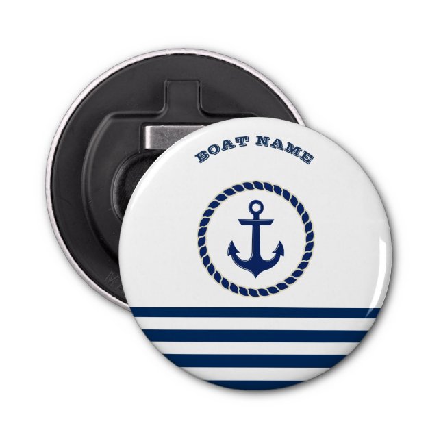Abrebotellas Nautical Boat Name,Anchor Naval Blue Stried (Anverso)