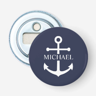 Abrebotellas Nautical Navy Blue Anchor Nombre Personalizado