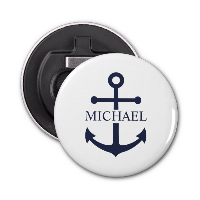 Abrebotellas Nautical Navy Blue Anchor Nombre Personalizado (Anverso)