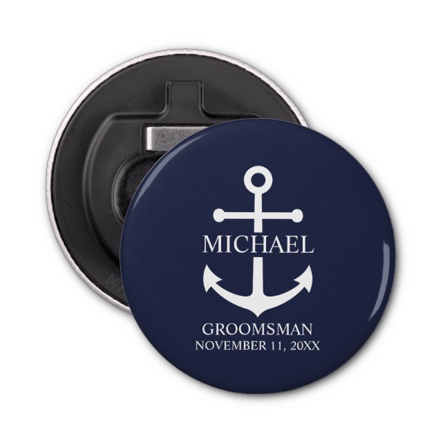 Abrebotellas Nautical Navy Blue Anchor Personalizado Groomsmen (Anverso)