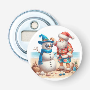 Abrebotellas Navidad en isla tropical con Santa y muñeco de nie