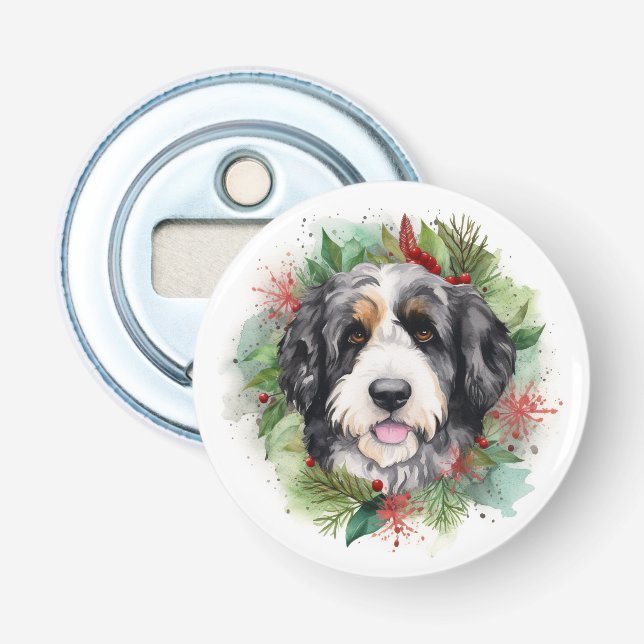 Abrebotellas Navidades de Bernedoodle Wreath Pup festivo (Anverso)
