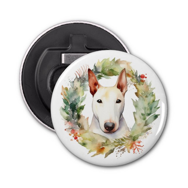 Abrebotellas Navidades de Bull Terrier Wreath Pup festivo (Anverso)