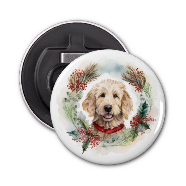 Abrebotellas Navidades de Goldendoodle Wreath Festial Pup (Anverso)