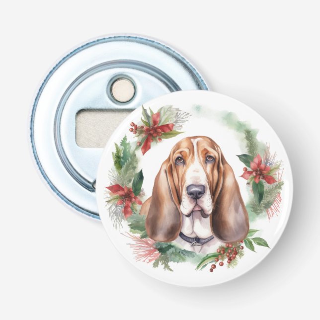 Abrebotellas Navidades de Hound Basset Wreath Festimes Pup (Anverso)