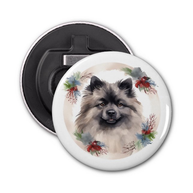 Abrebotellas Navidades de Keeshond Wreath Festive Pup (Anverso)