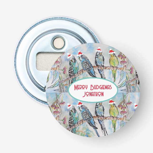 Abrebotellas Navidades de Santa Budgie Pájaro de pintura acuáti (Anverso)