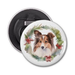 Abrebotellas Navidades de Shetland Sheepdog Wreath Festimes Pup