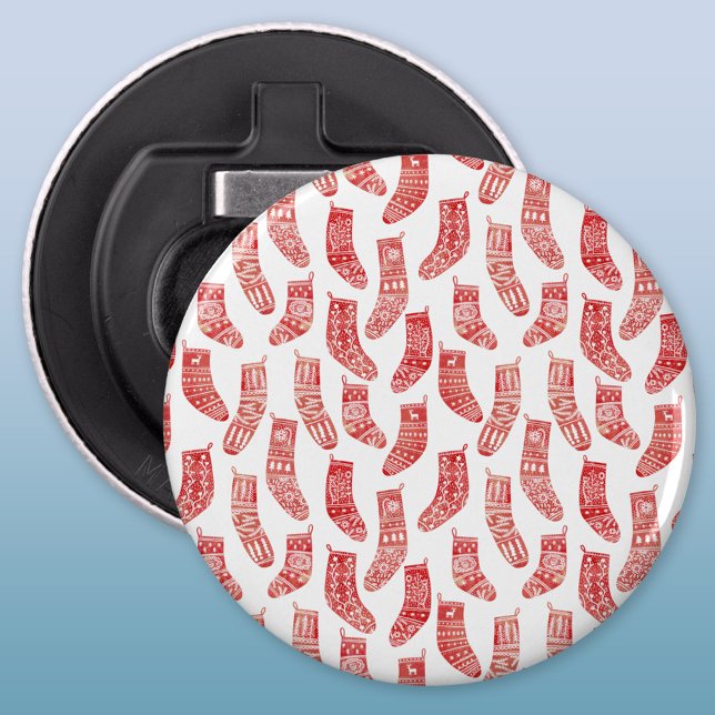 Abrebotellas Navidades nórdicos Patrón de calado (Nordic Stockings red and white Scandinavian festive Christmas pattern button bottle opener)